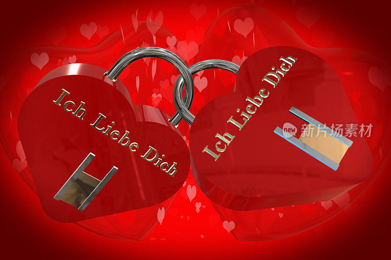3D红心挂锁模型，每把挂锁上用3D金色字母写着德语“Ich Liebe Dich，我爱你”，背景是两颗3D红色的心，红色背景上还有一颗较小的心。